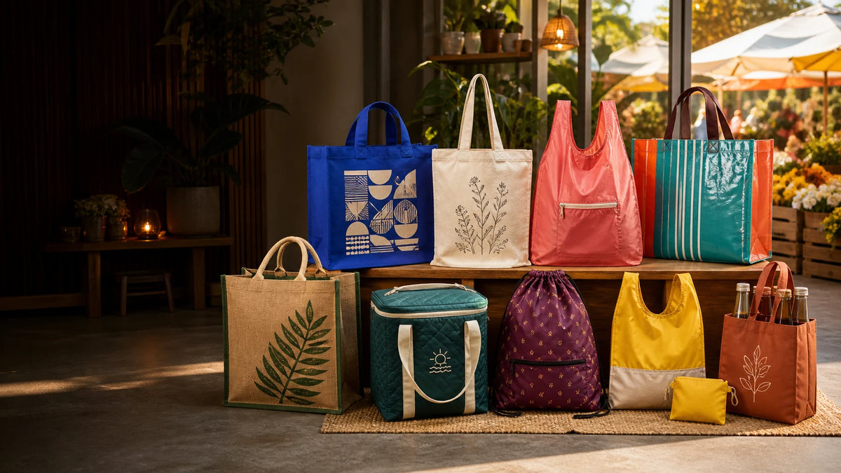 Diverse custom reusable bags in colorful canvas, jute, recycled PET, non-woven, laminated and insulated styles