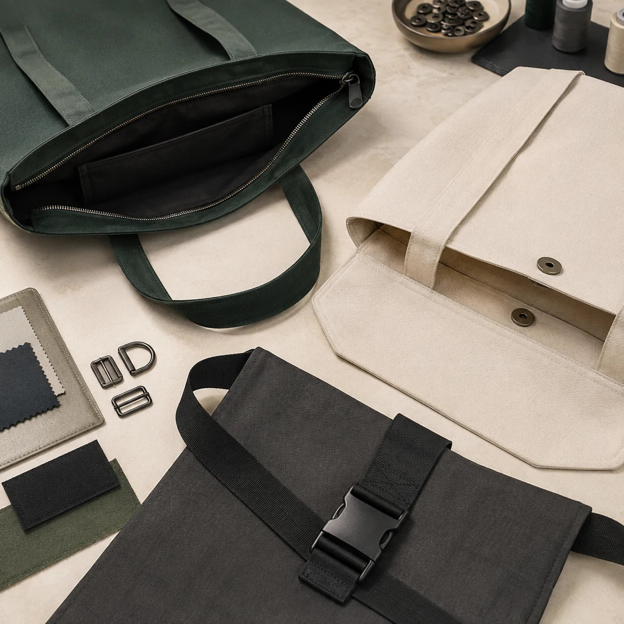 Reusable bag closure options with zipper, magnetic snap and buckle hardware