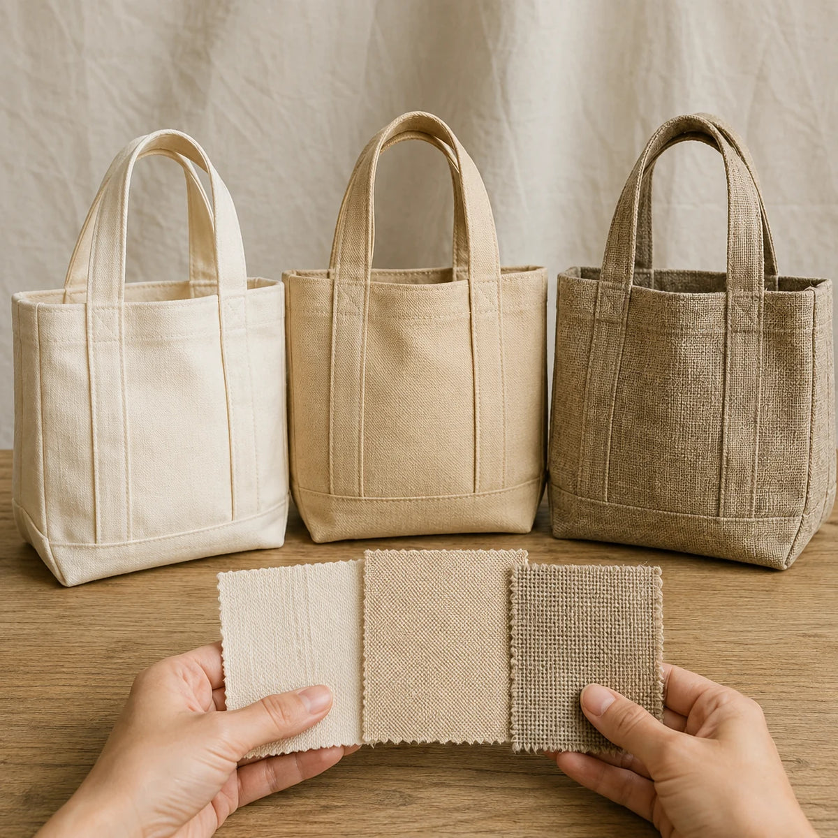 Cotton, canvas and hemp-blend reusable tote samples with matching fabric swatches