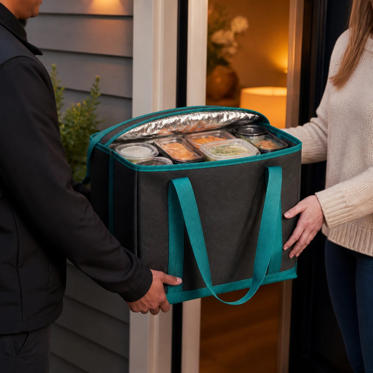 Insulated reusable delivery bag with thermal lining during a customer handoff