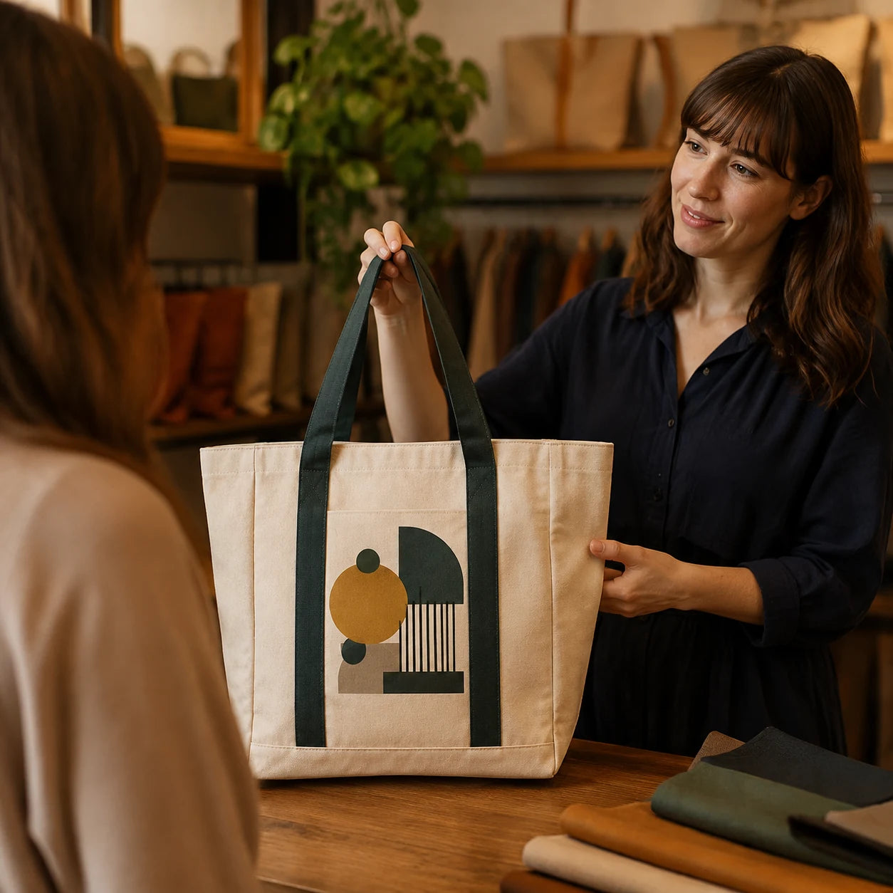 Printed premium canvas tote presented to a customer in a boutique
