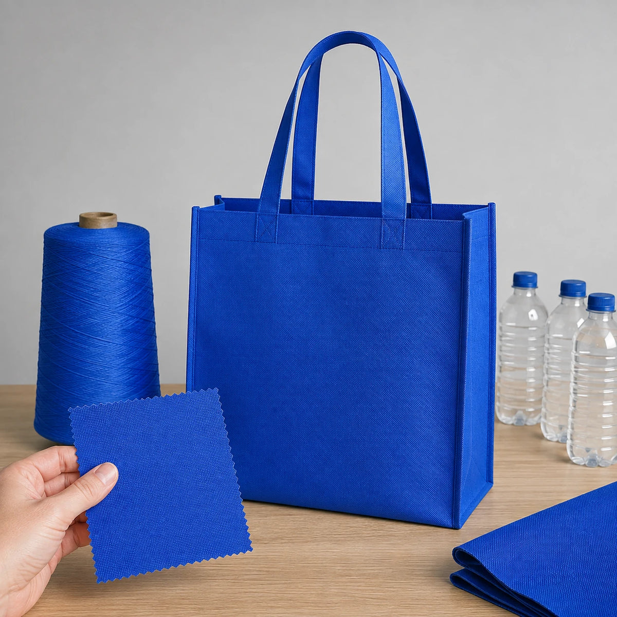 Blue RPET reusable tote with polyester yarn, fabric swatch and PET bottle context