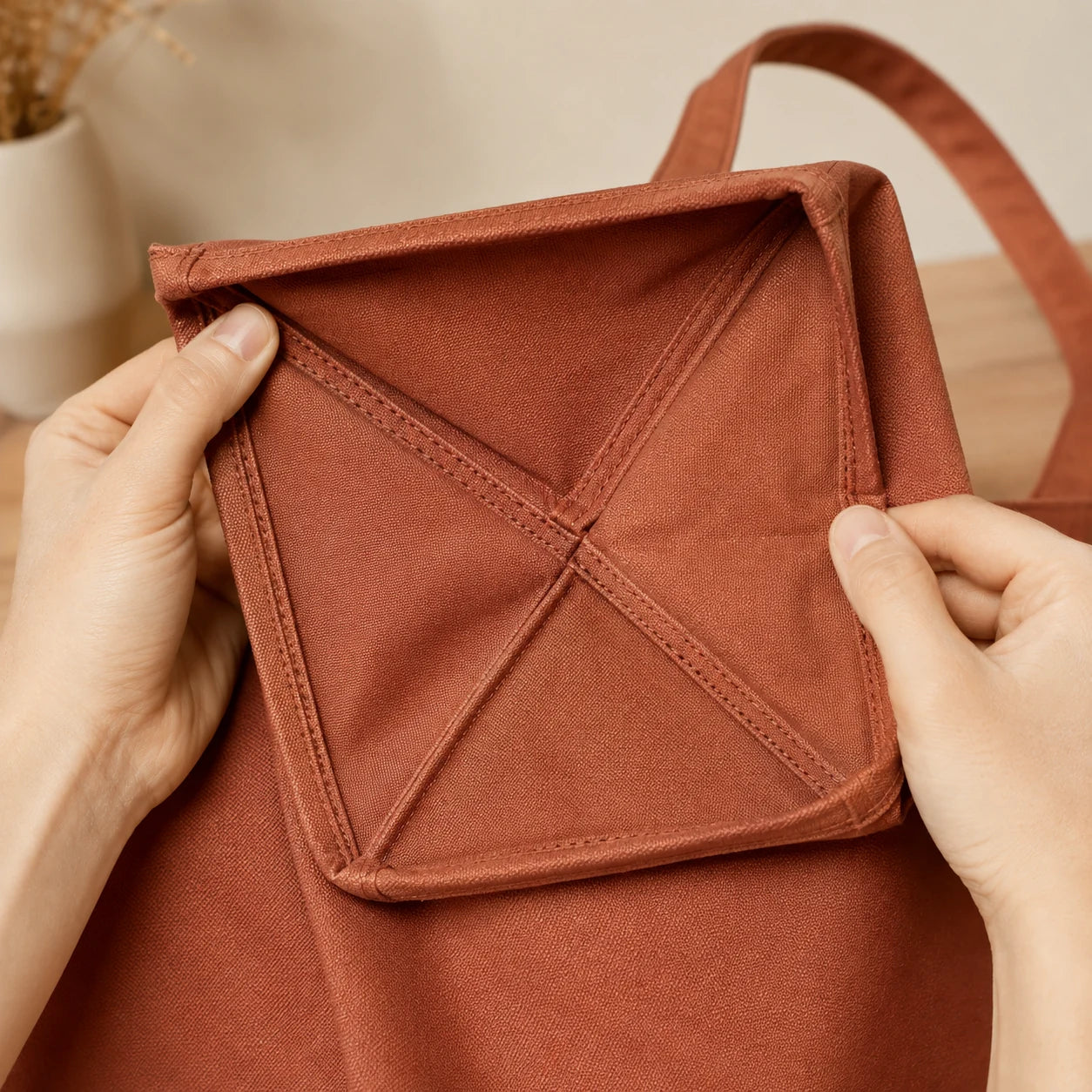 Inside reusable bag construction showing double seams, binding and piping