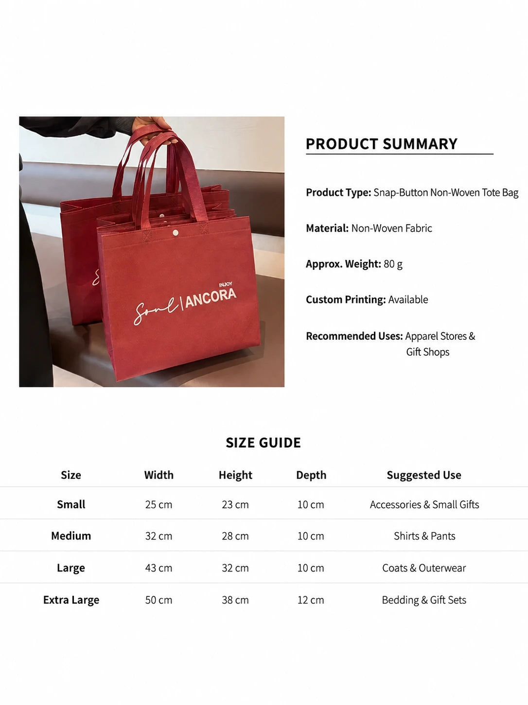 Snap-button non-woven tote bag size guide and product specifications