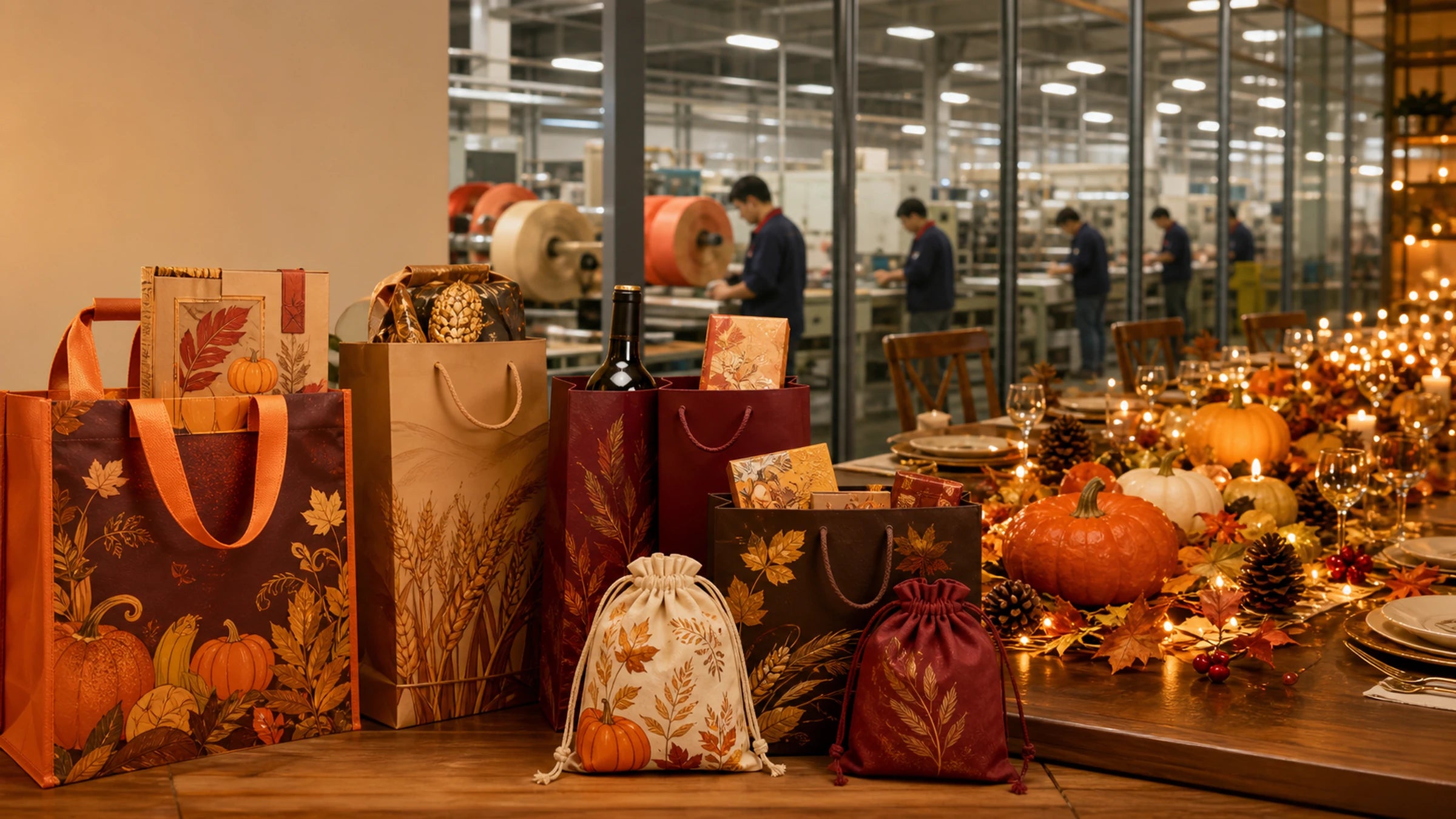 Custom Thanksgiving gift bags hero — factory-direct seasonal packaging