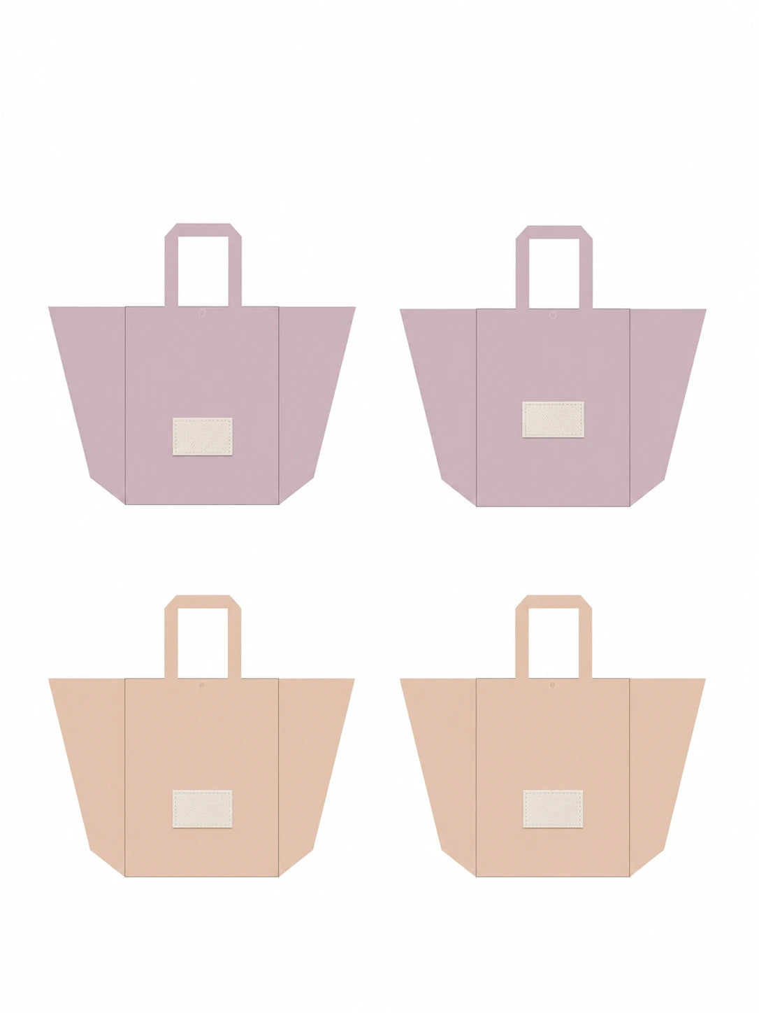 Four custom trapezoid non-woven tote bag mockups with blank woven label patches