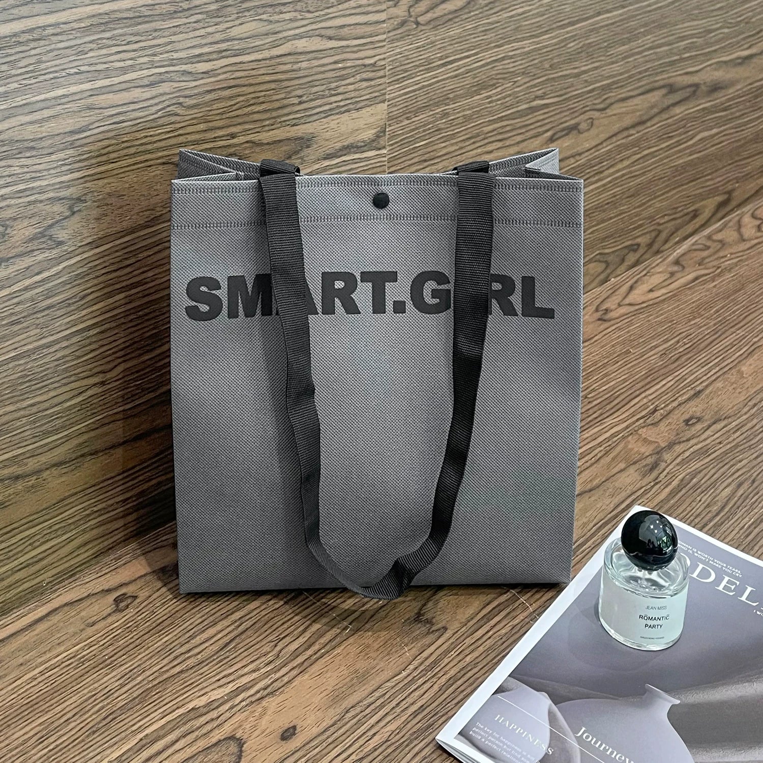Dark gray SMART print non-woven tote bag with woven handles