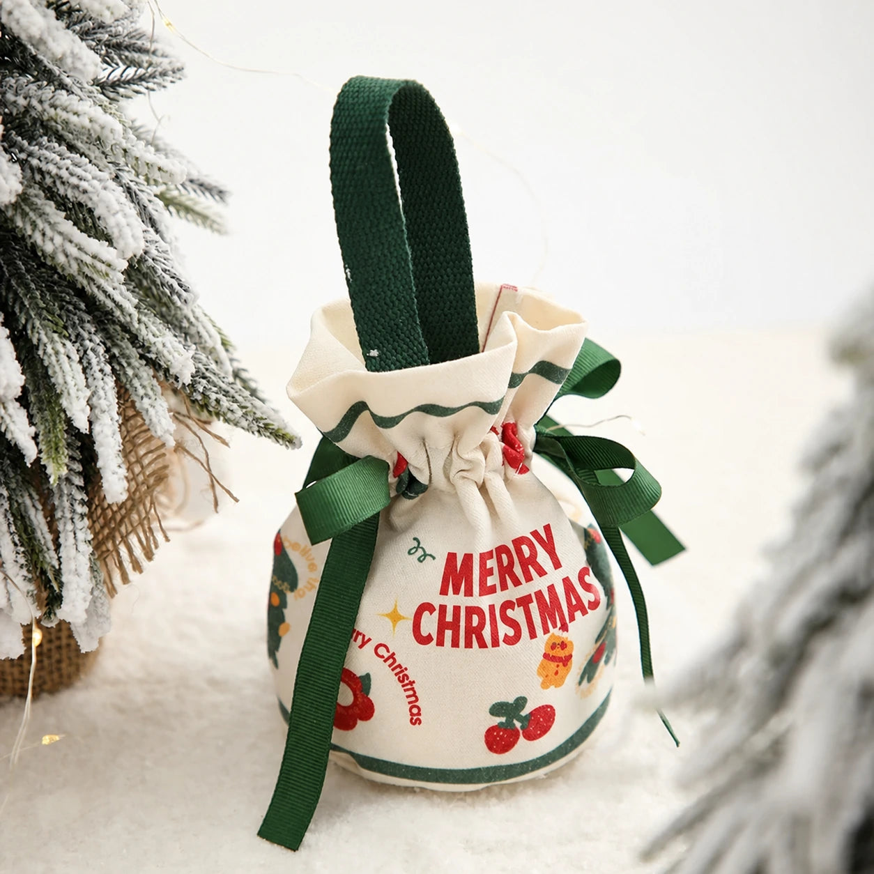 Drawstring Christmas fabric gift pouches with loop handles