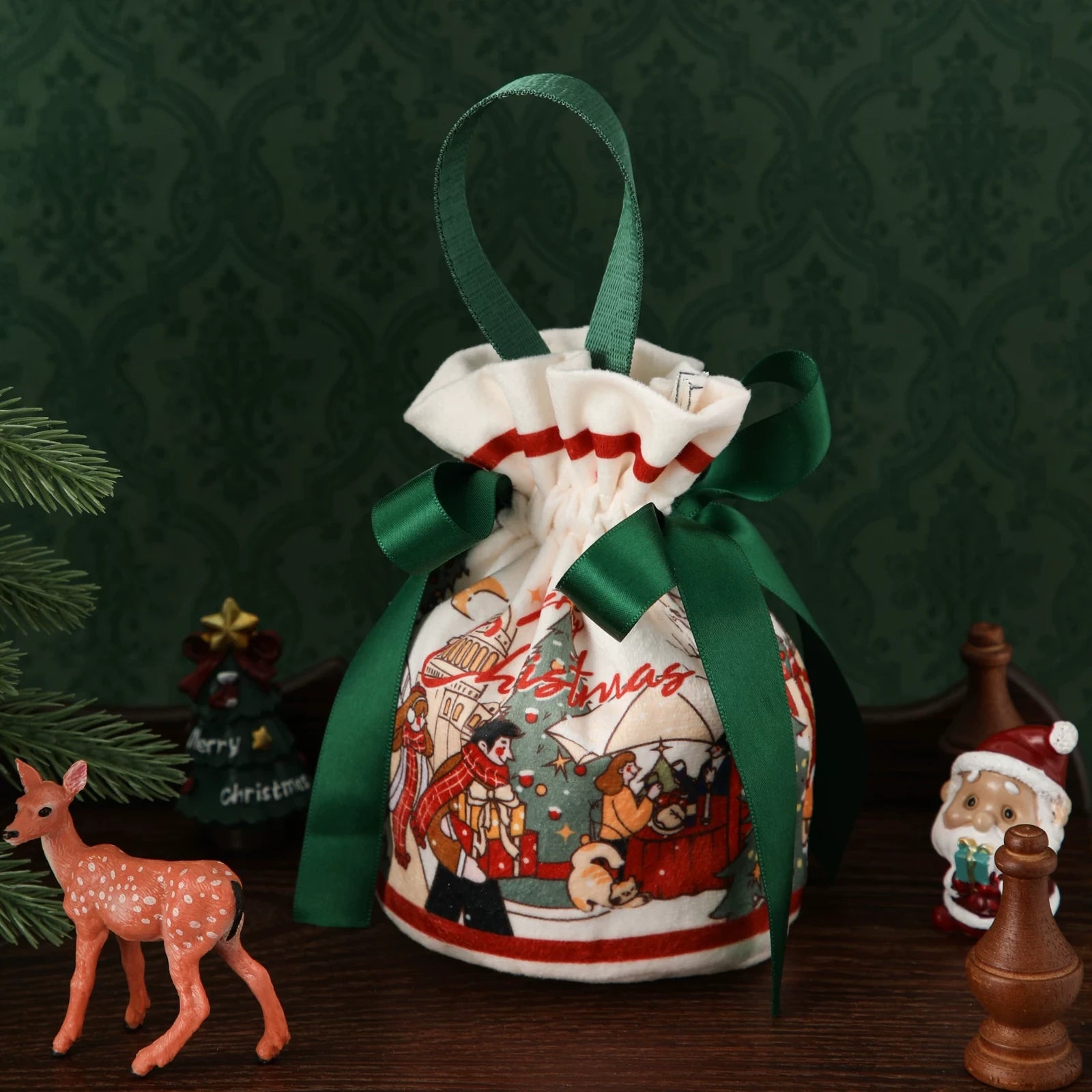 Drawstring Christmas fabric gift pouches with loop handles