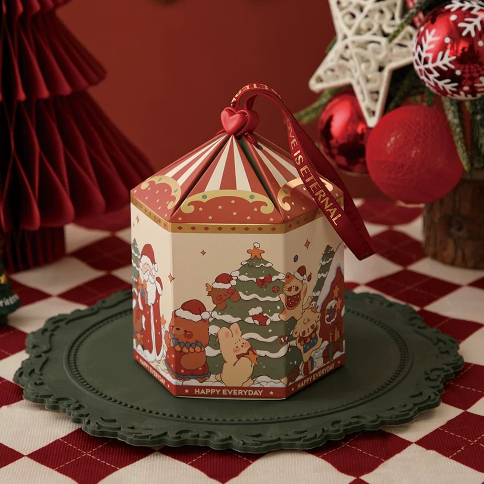 Drawstring Christmas fabric gift pouches with loop handles