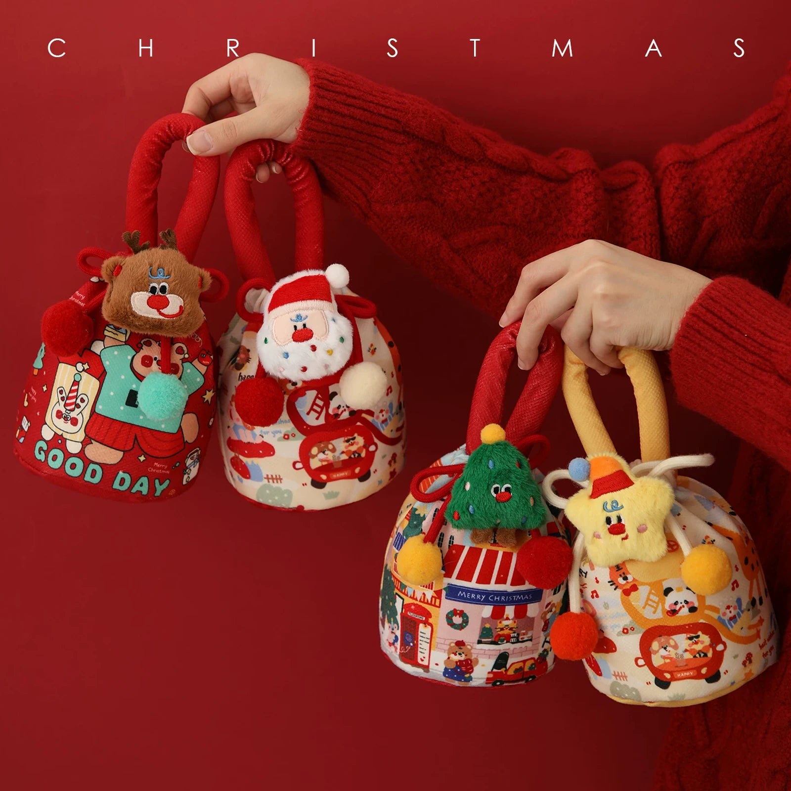Drawstring Christmas fabric gift pouches with loop handles
