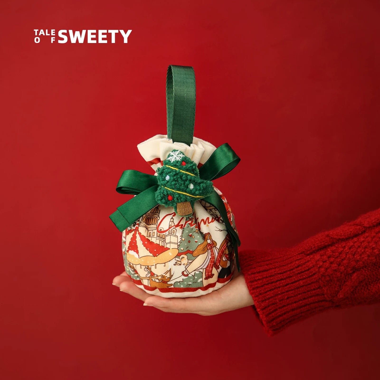 Drawstring Christmas fabric gift pouches with loop handles