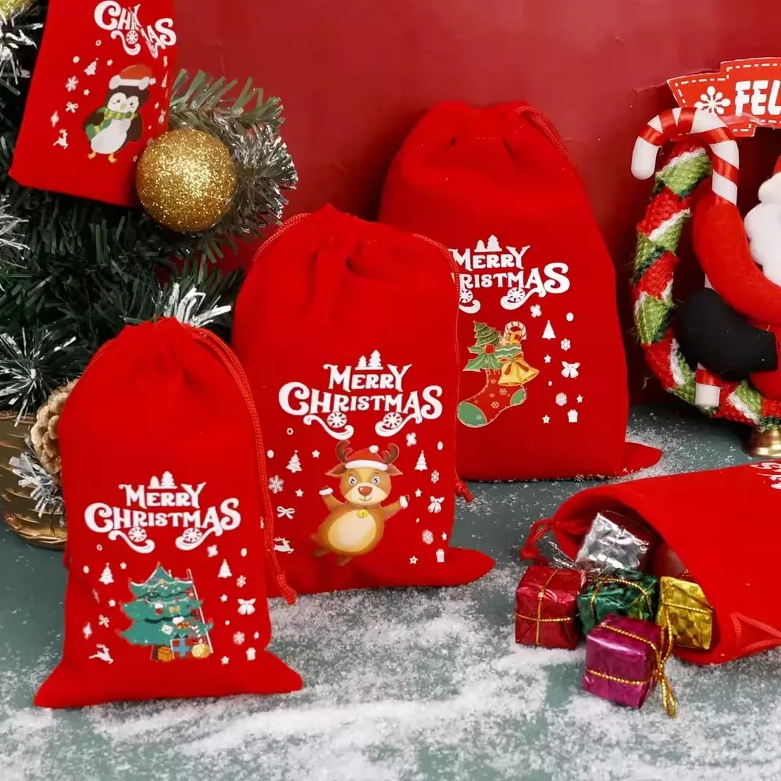 Drawstring Velvet Christmas Gift Pouches – product view