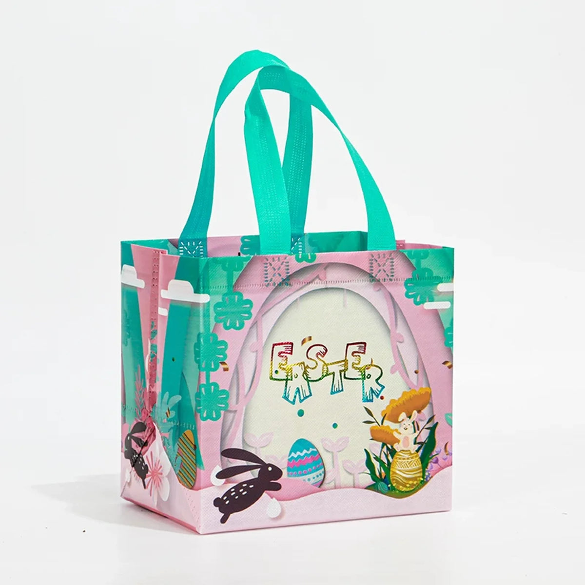 21 × 20 × 15 cm Gusseted Non-Woven Easter Gift Bag – Design D11 – Peacock Green