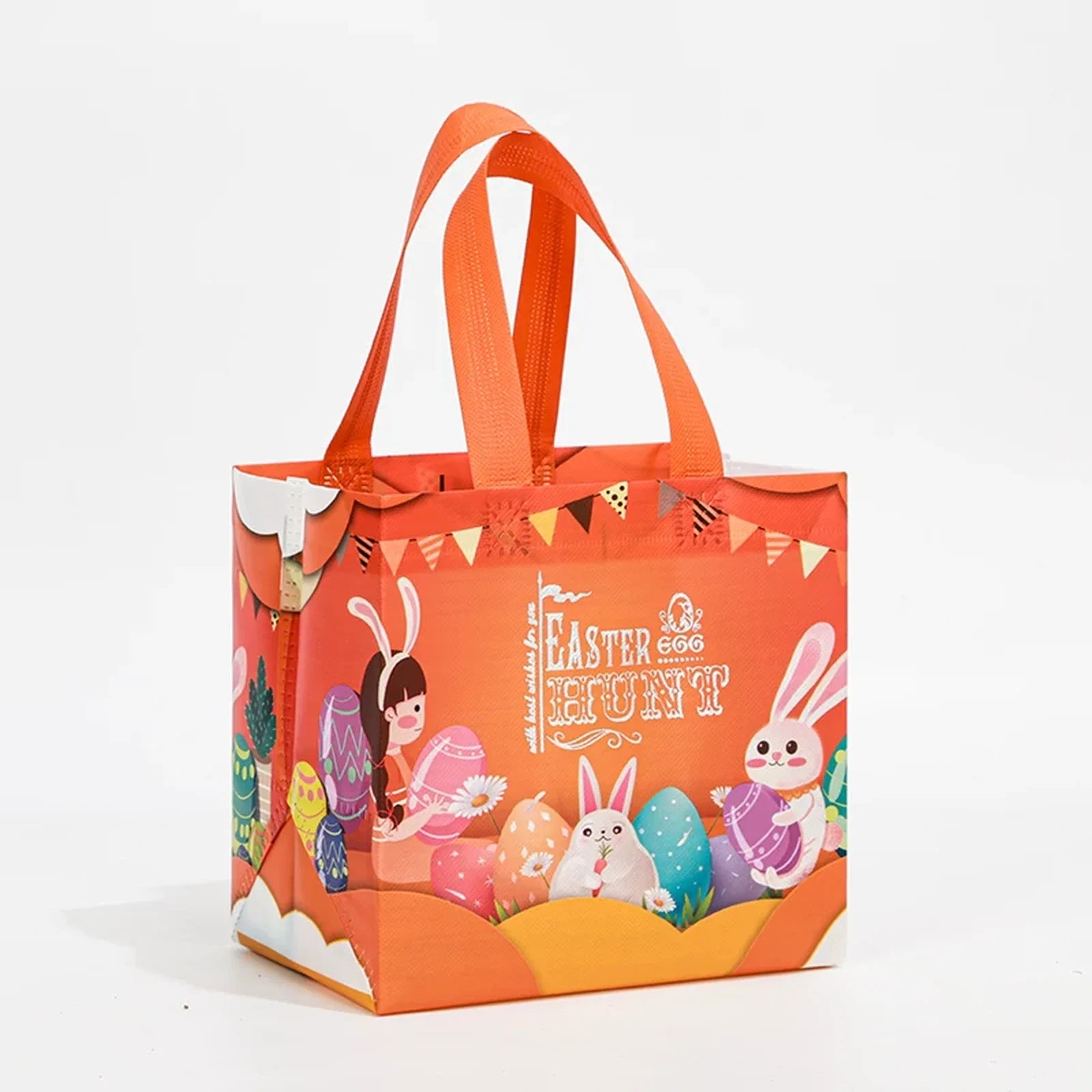 21 × 20 × 15 cm Gusseted Non-Woven Easter Gift Bag – Design D14 – Orange Rabbit