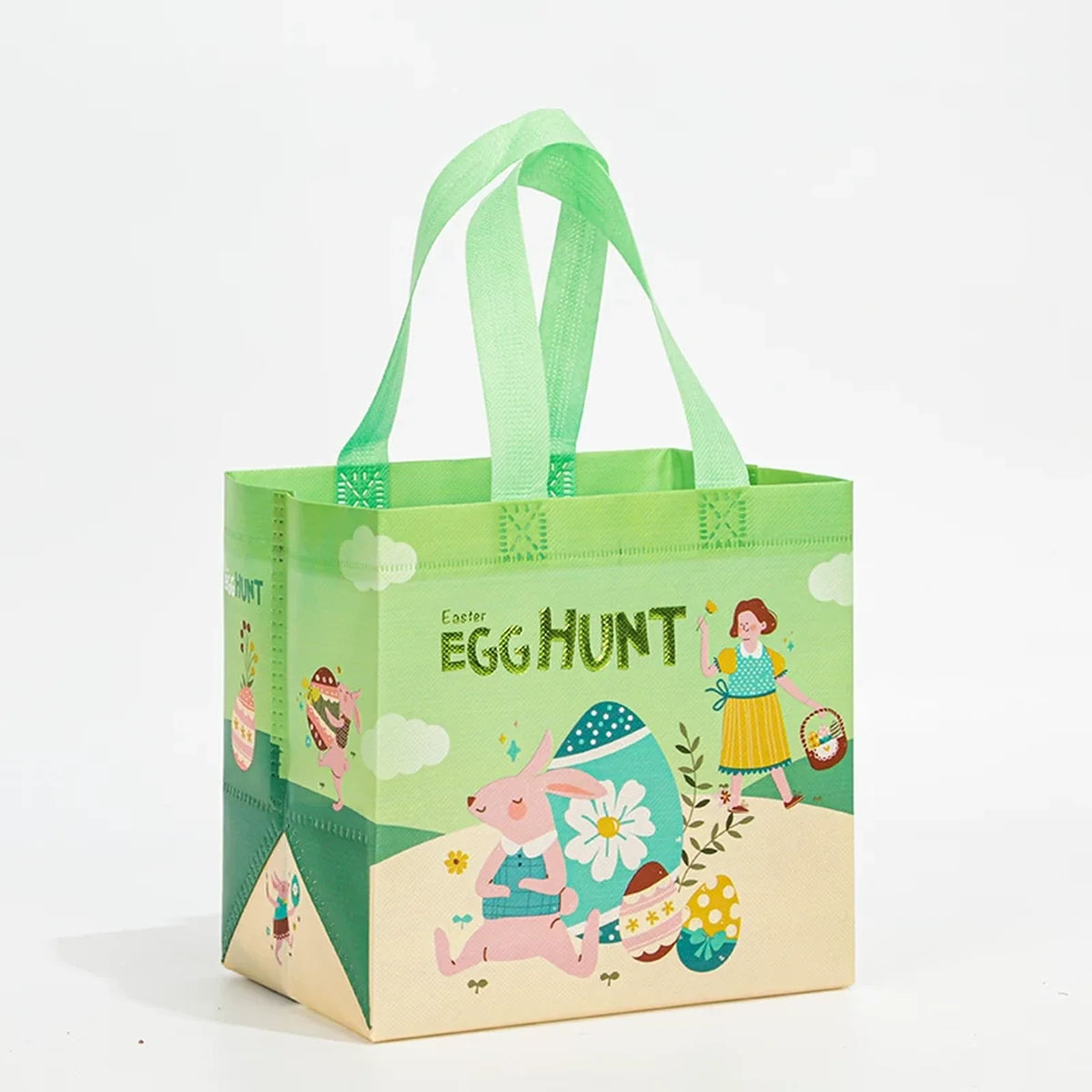 21 × 20 × 15 cm Gusseted Non-Woven Easter Gift Bag – Design D16 – Green Girl