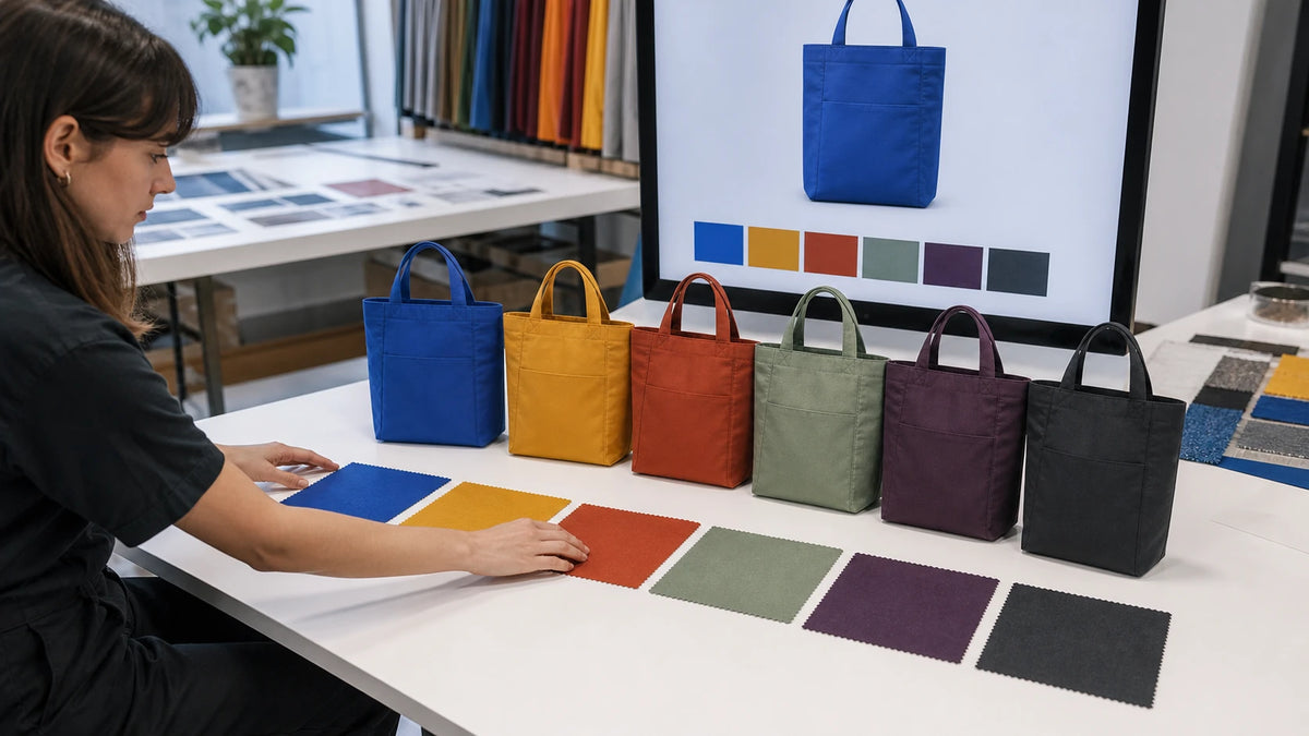Six colorways of one recycled tote design matched to calibrated fabric swatches