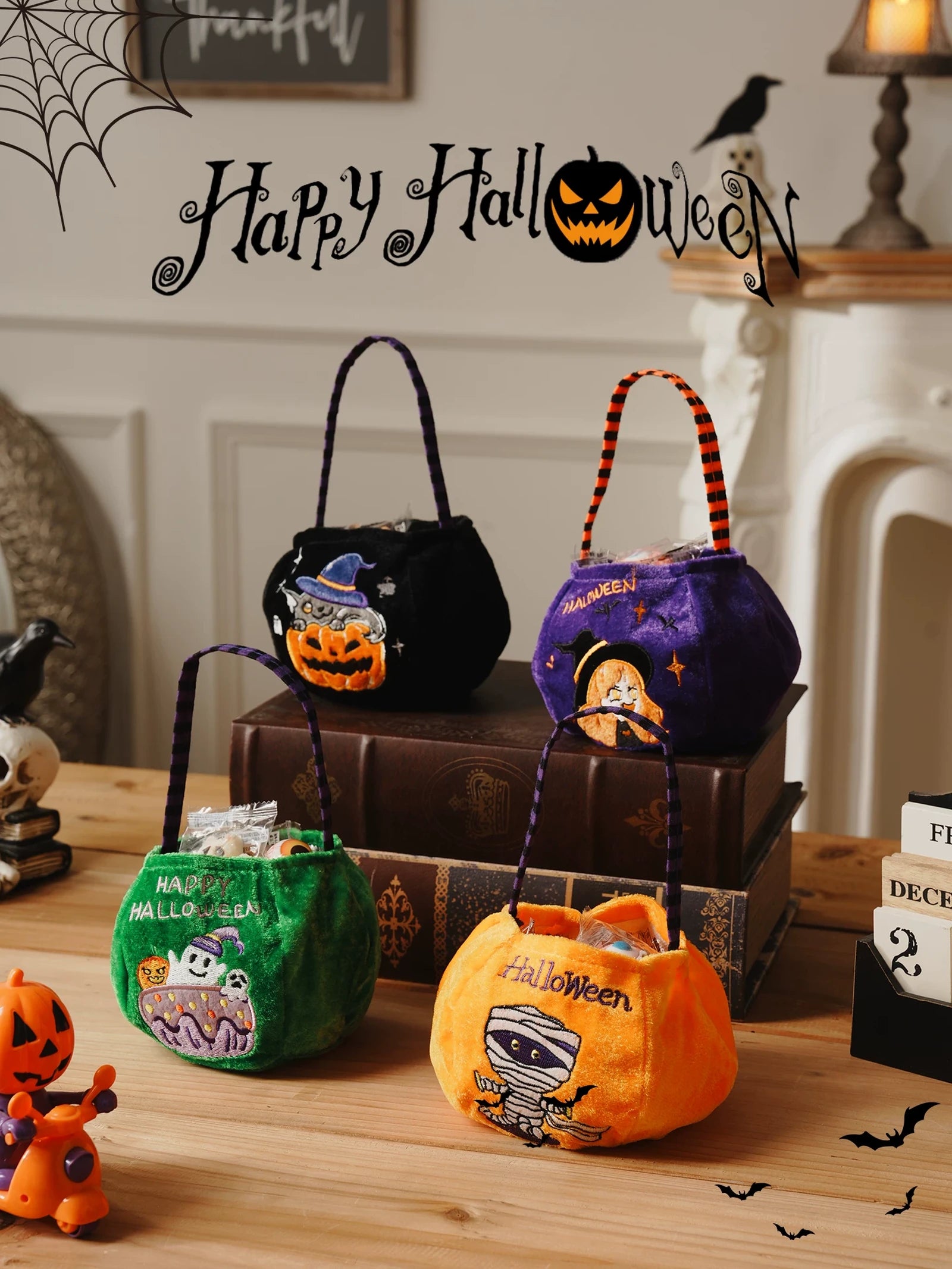 Embroidered plush pumpkin-shaped Halloween treat bags