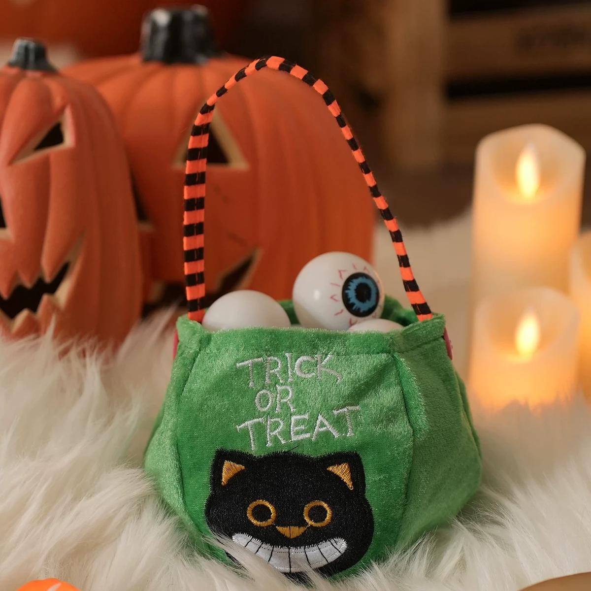 Green black cat plush Halloween treat bag