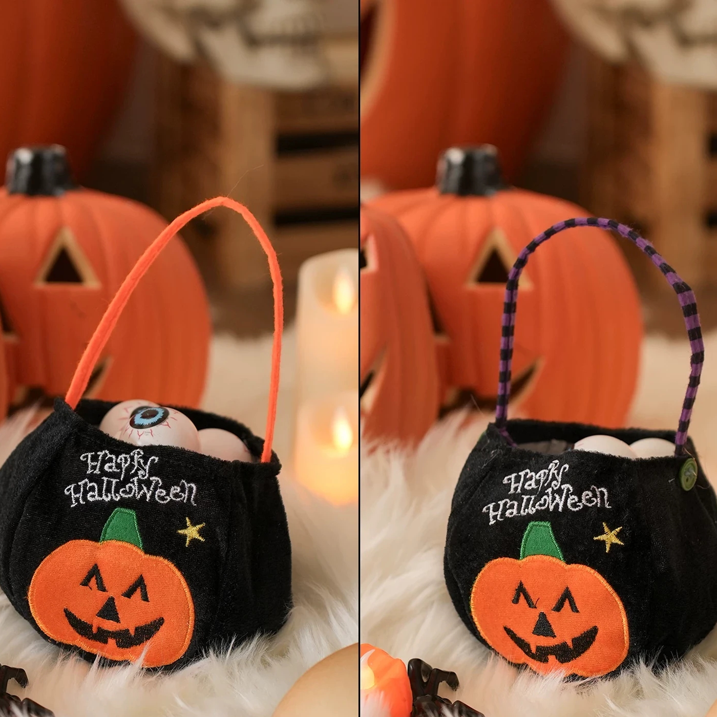 Assorted pumpkin style plush Halloween treat bag