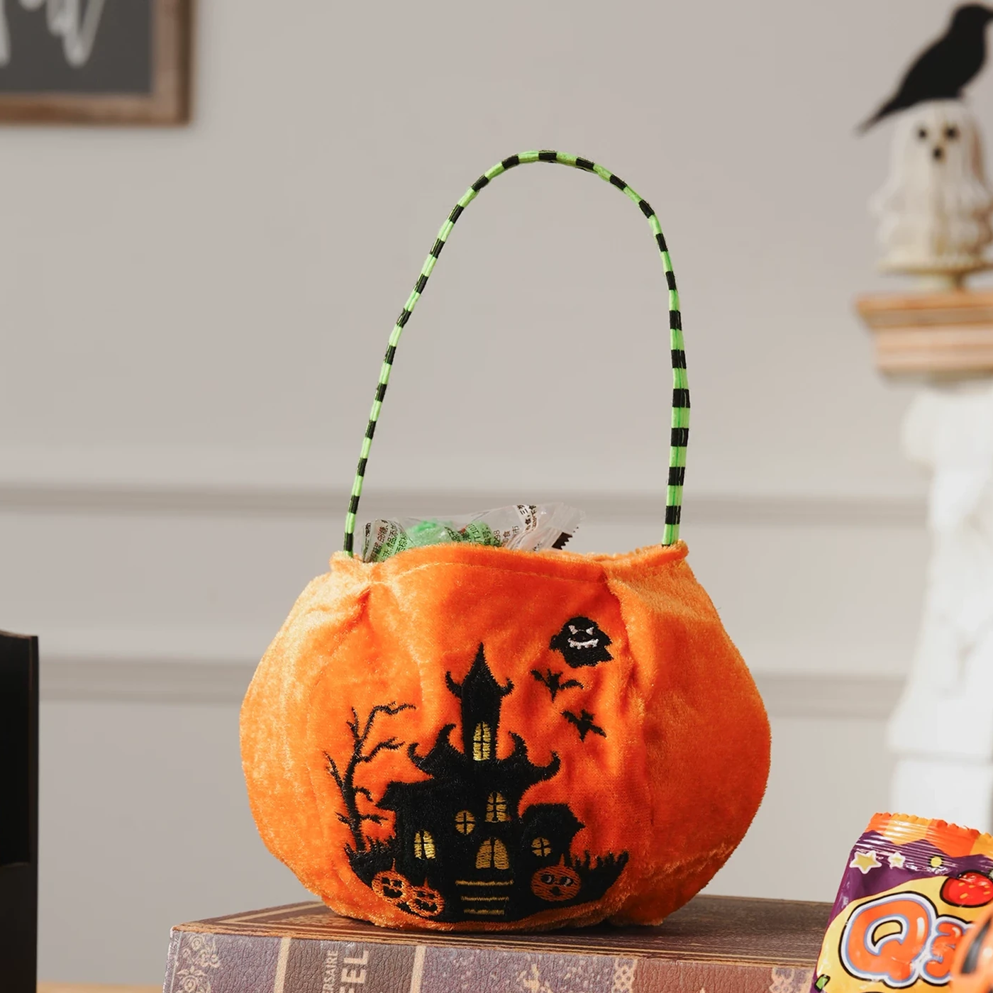 Orange haunted castle plush Halloween treat bag