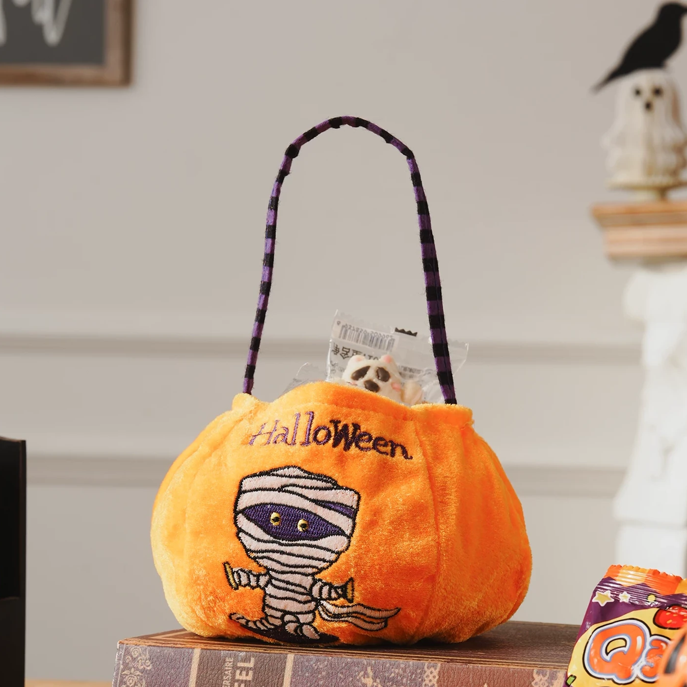 Orange mummy plush Halloween treat bag