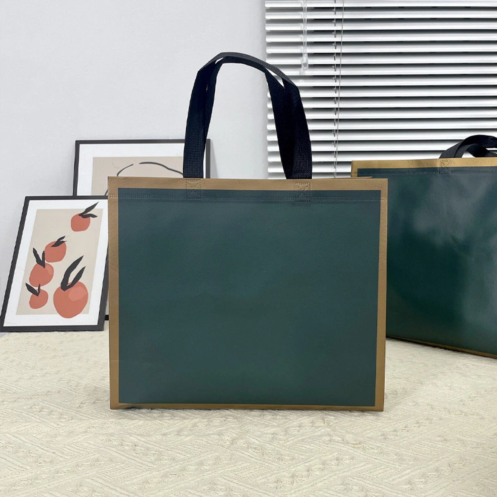 Extra-Large Non-Woven Tote Bags — 3 Styles — Green Base with Gold Trim