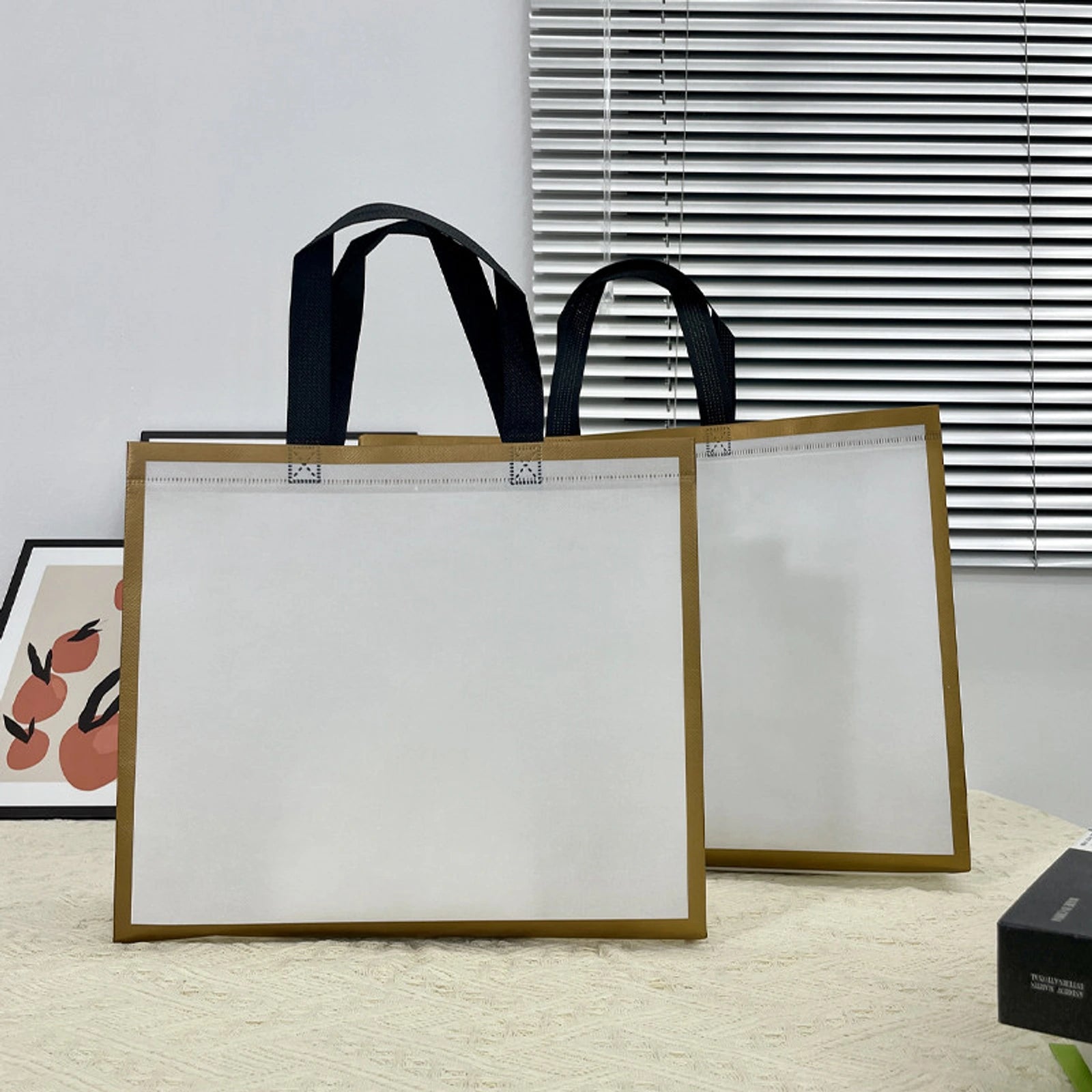 Extra-Large Non-Woven Tote Bags — 3 Styles — White Base with Gold Trim