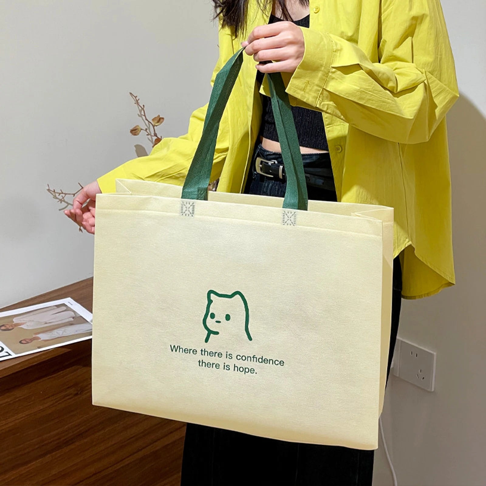 Extra-Large Non-Woven Tote Bags — 9 Styles — Beige — Green Puppy Print