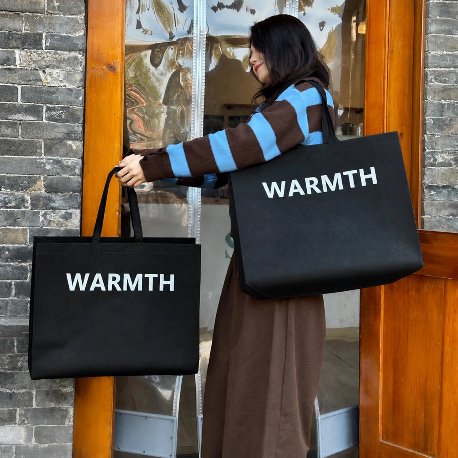 Extra-Large Non-Woven Tote Bags — 9 Styles — Black — Warm Print