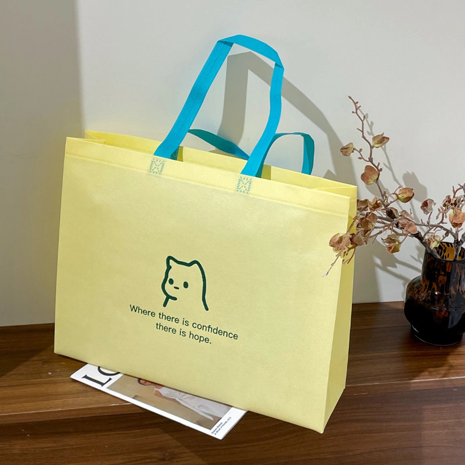 Extra-Large Non-Woven Tote Bags — 9 Styles — Lemon Yellow — Green Puppy Print