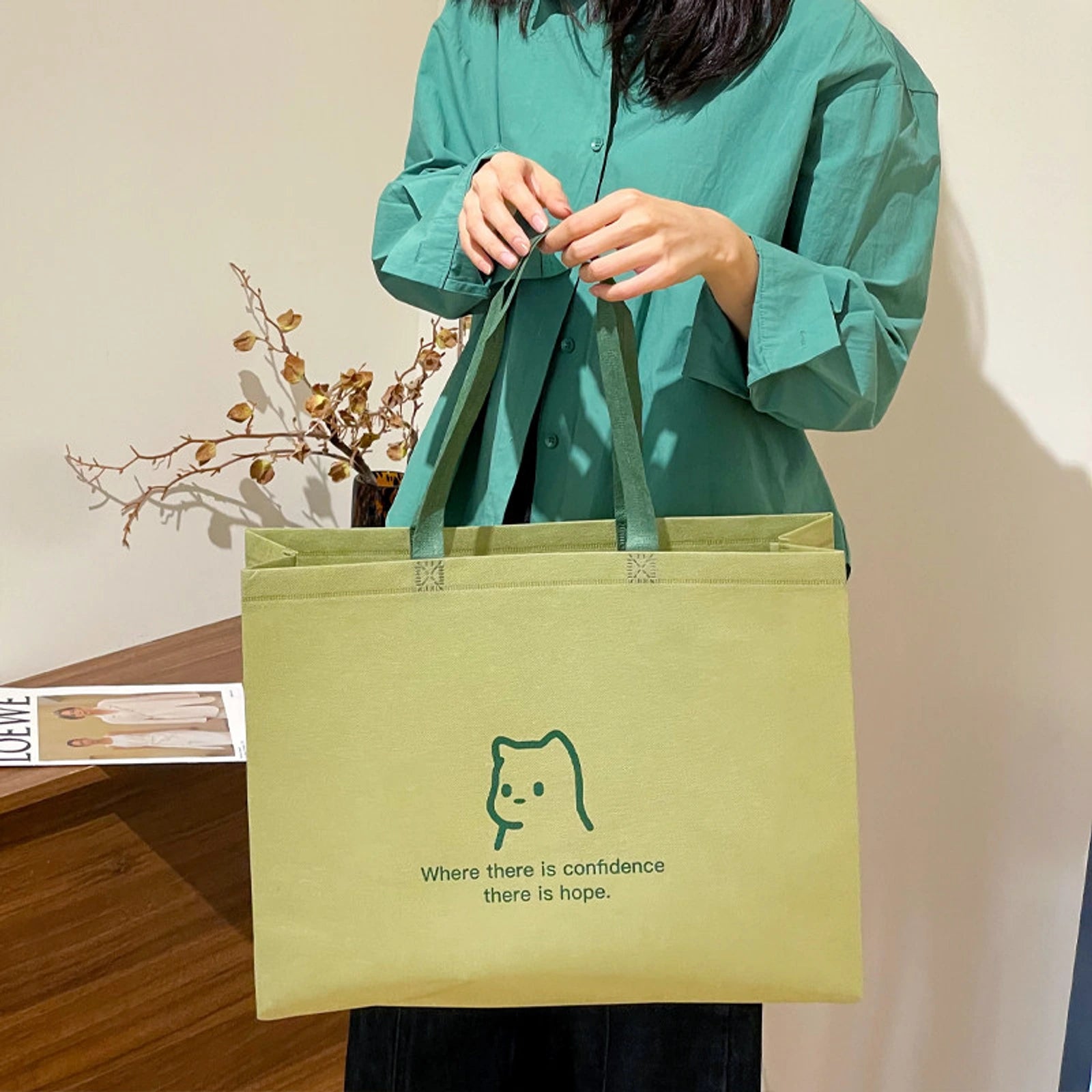 Extra-Large Non-Woven Tote Bags — 9 Styles — Matcha Green — Green Puppy Print