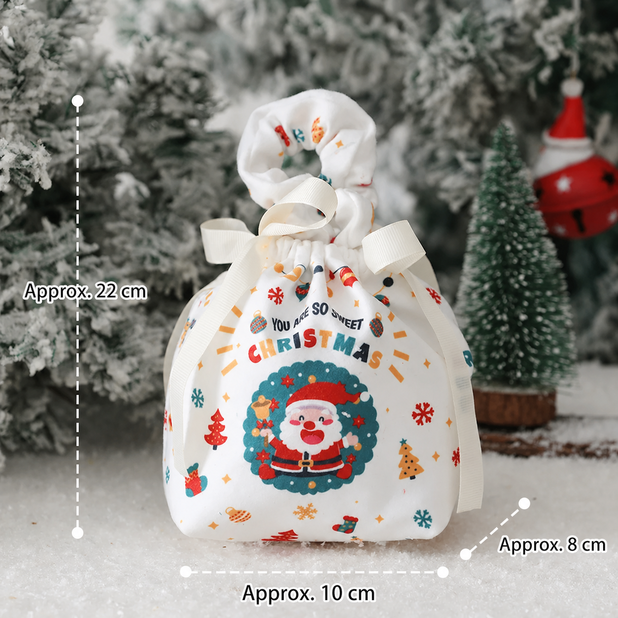 Santa small fabric Christmas gift bag with scrunchie handle and English dimensions