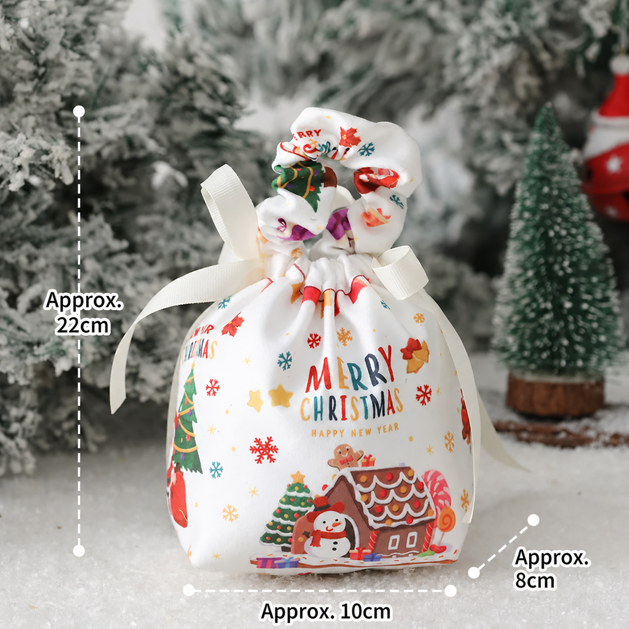 Sleigh small fabric Christmas gift bag with scrunchie handle and English dimensions