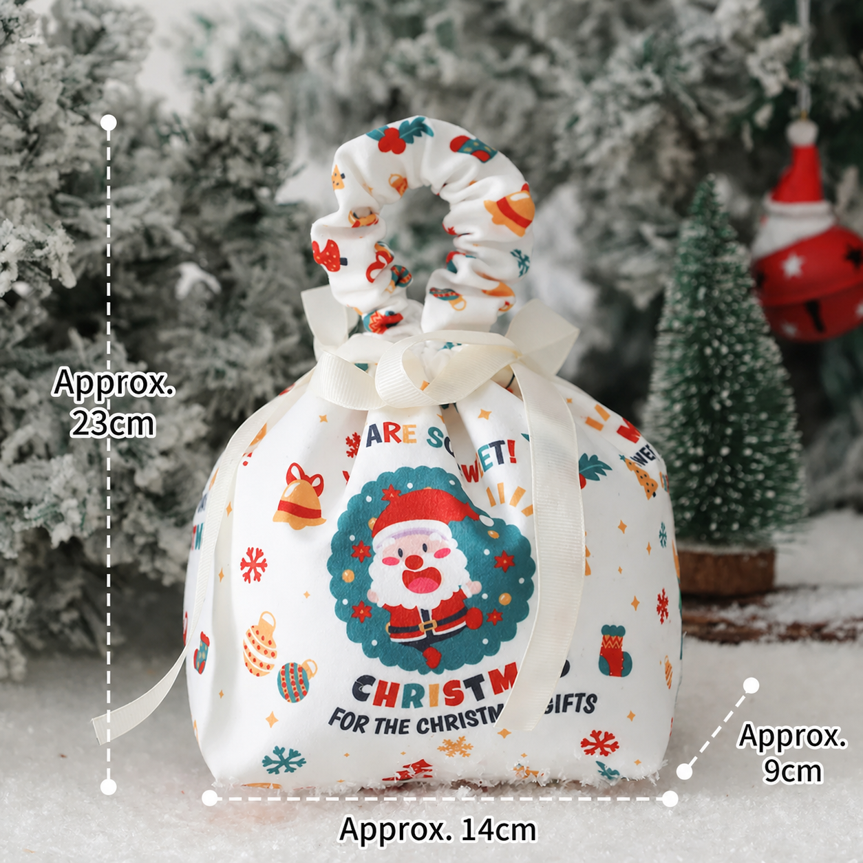 Santa large fabric Christmas gift bag with scrunchie handle and English dimensions