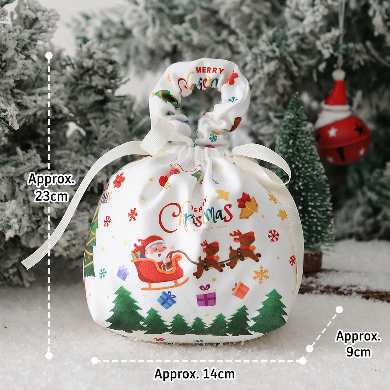 Sleigh large fabric Christmas gift bag with scrunchie handle and English dimensions