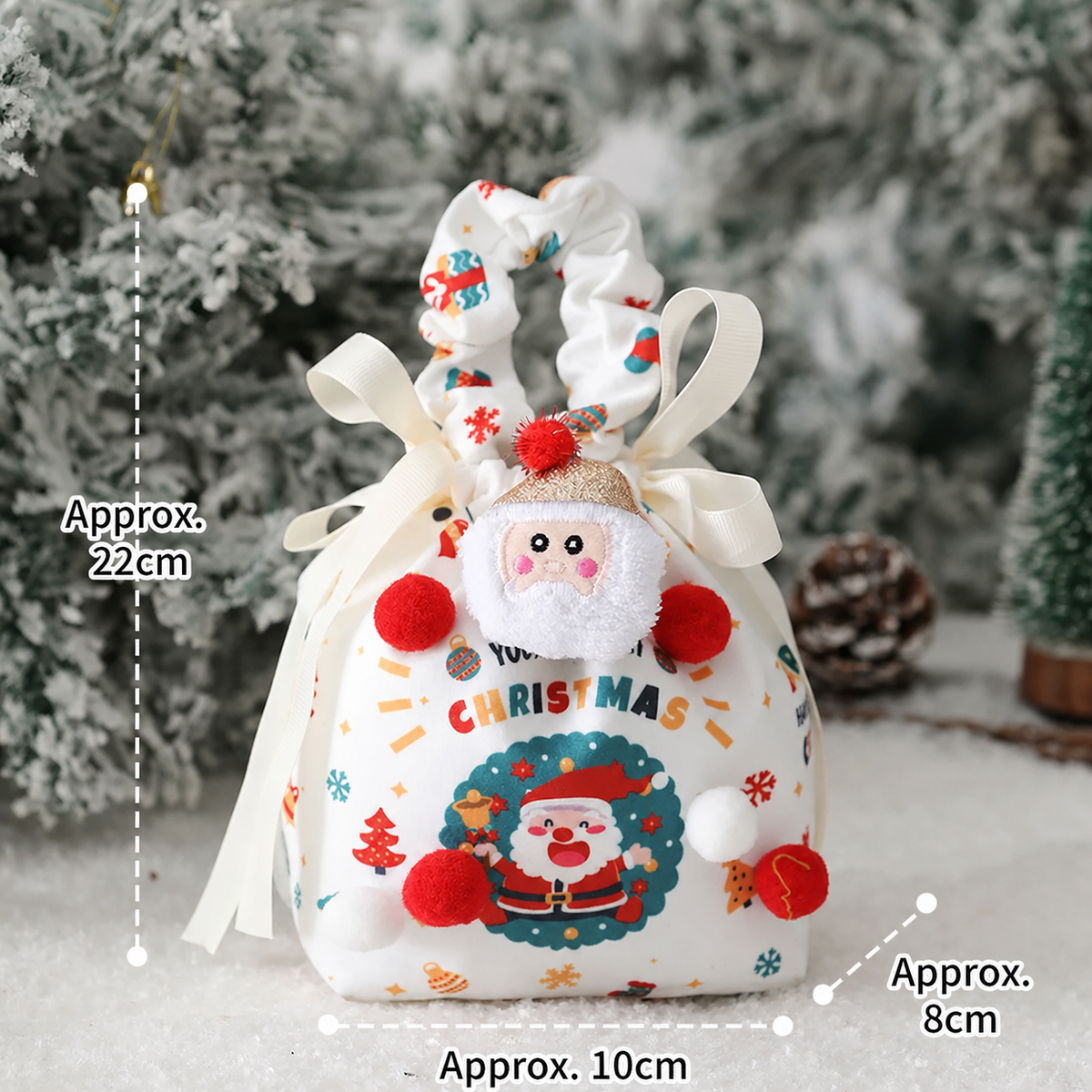 Santa small fabric Christmas gift bag with pom-pom ornament and English dimensions