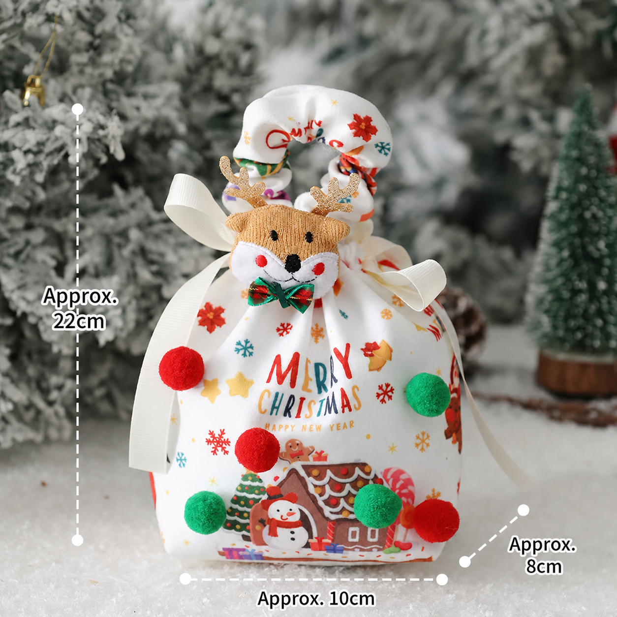 Christmas house small fabric gift bag with reindeer ornament and English dimensions