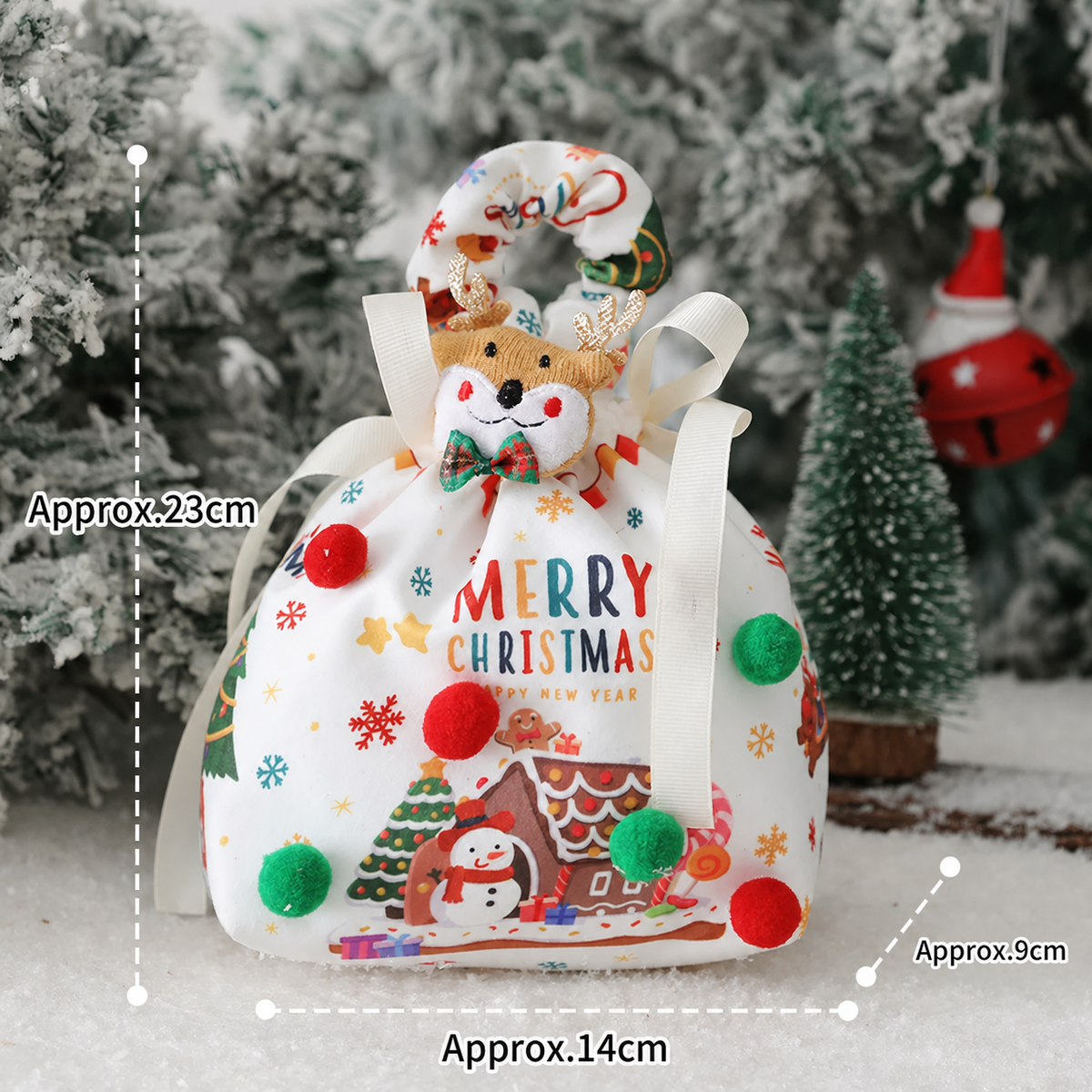 Christmas house large fabric gift bag with reindeer ornament and English dimensions