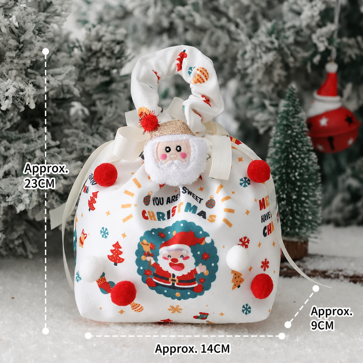 Santa large fabric Christmas gift bag with pom-pom ornament and English dimensions