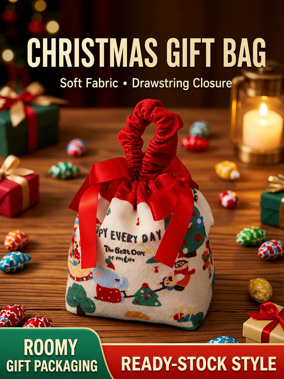 Fabric Christmas gift bag with drawstring closure and scrunch handle