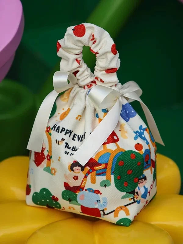 Fabric gift bag with scrunch handle and ribbon drawstring