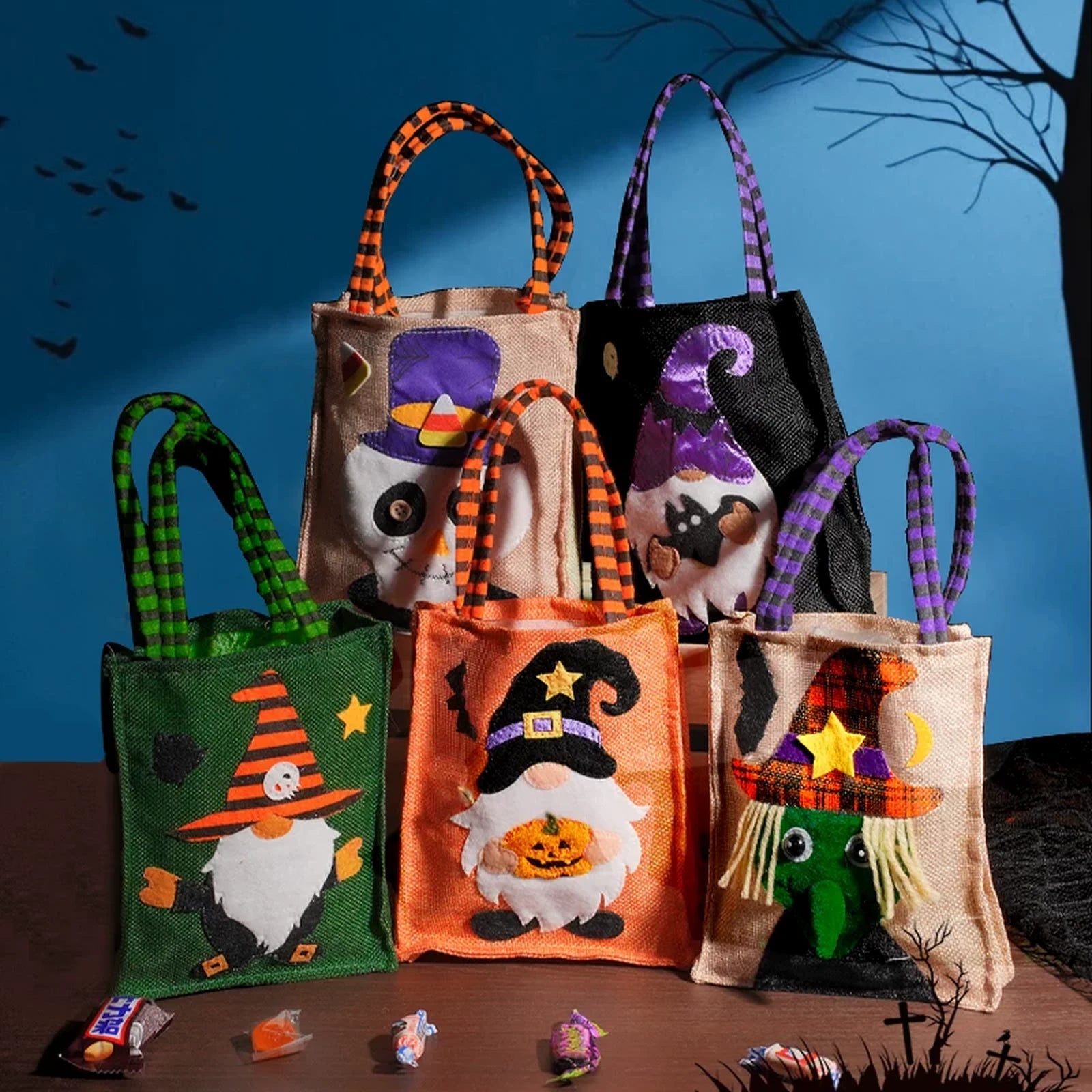 Textured Halloween treat bags with stitched handles