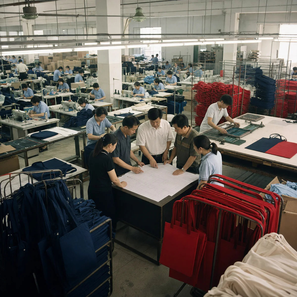 Expanded tote bag production floor with sewing lines and screen printing in the early 2000s