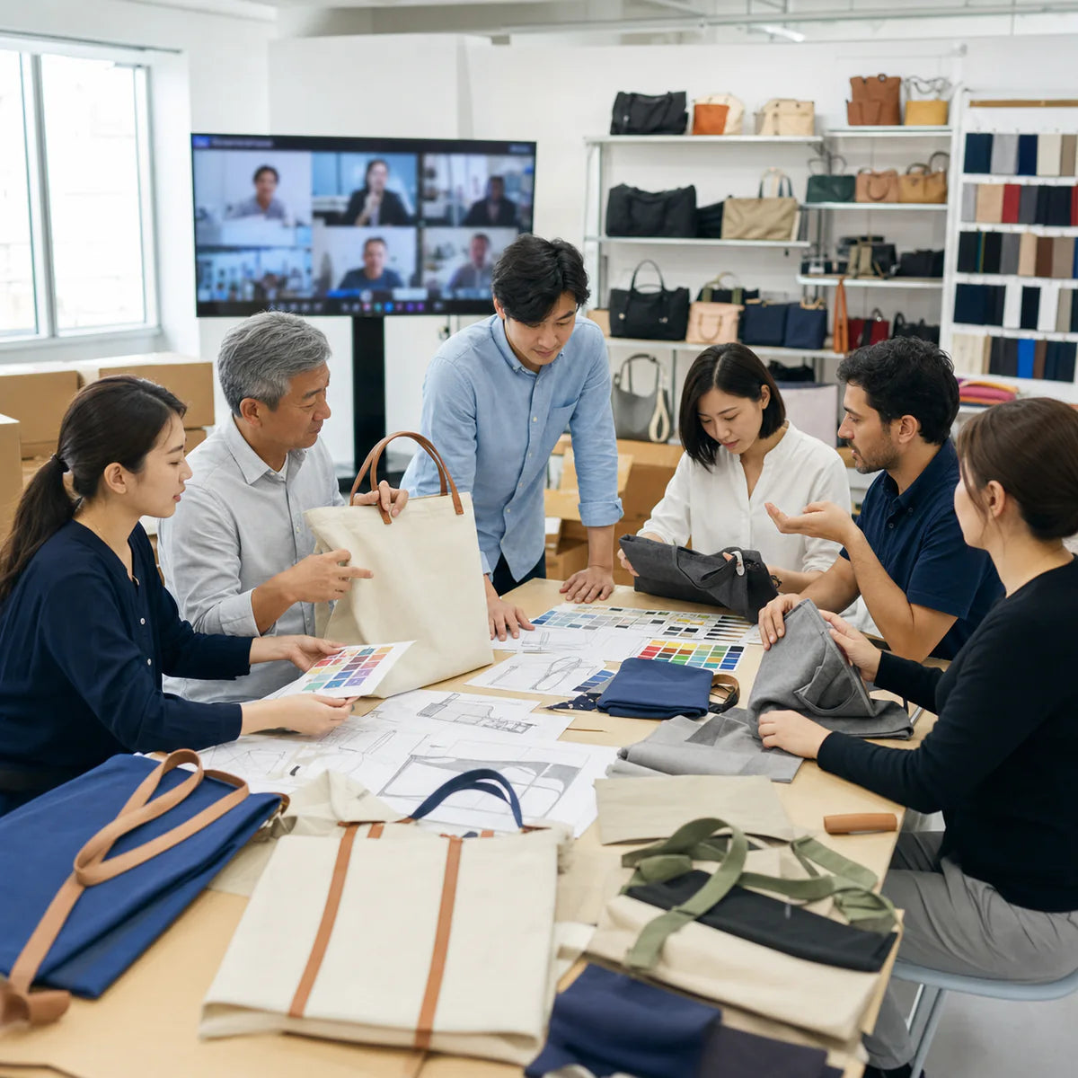 Factory sample team reviewing tote prototypes, material swatches and construction drawings with global buyers