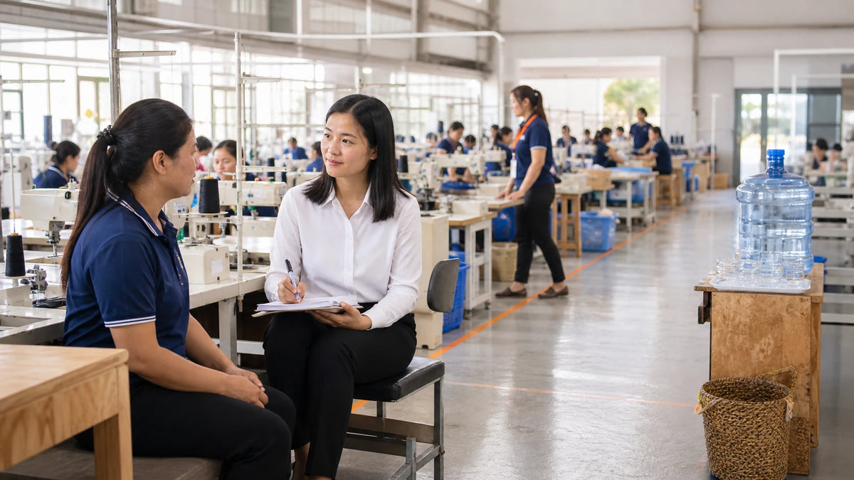 Independent auditor interviewing a sewing worker on a bright organized factory floor