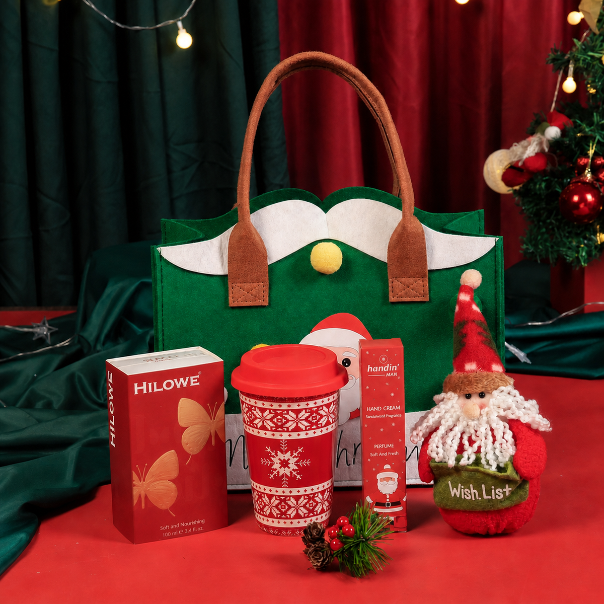 Green felt Christmas gift tote with integrated handles and gift set 06