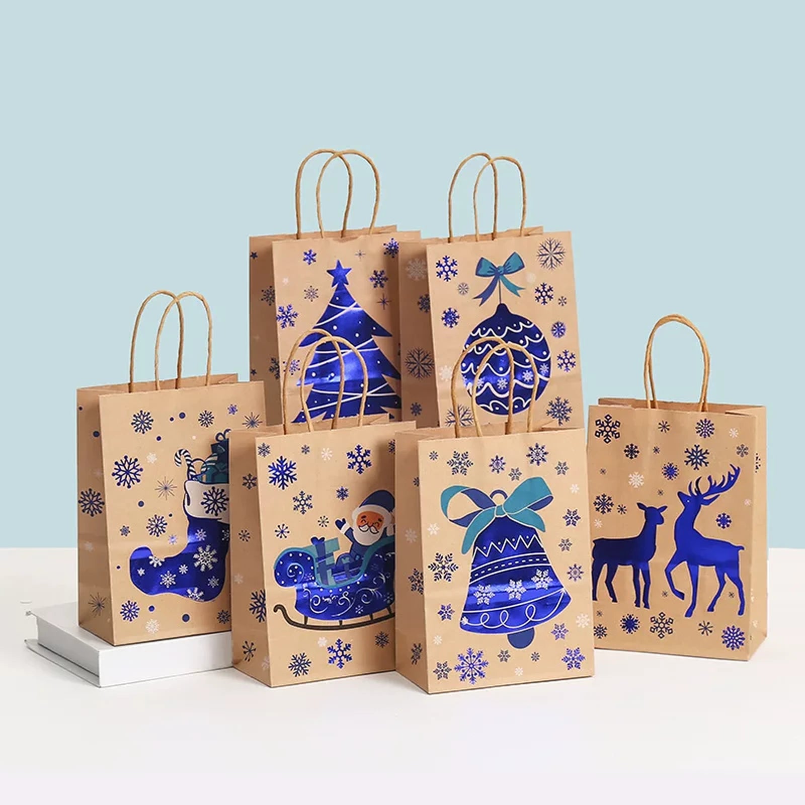 Foil-Stamped Kraft Christmas Gift Bags with Rope Handles – product view