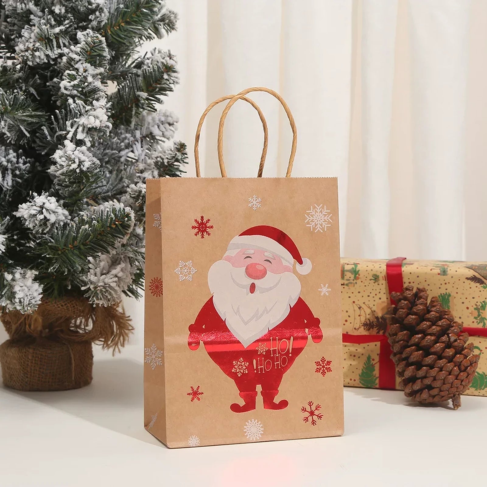 Foil-Stamped Kraft Christmas Gift Bags with Rope Handles – product view
