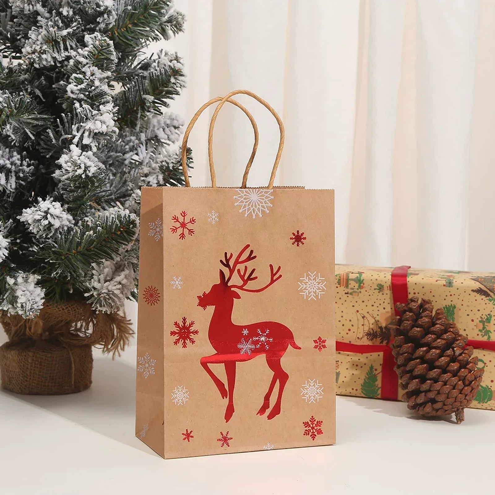 Foil-Stamped Kraft Christmas Gift Bags with Rope Handles – product view
